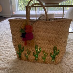 Straw Oversized Sequin Cactus 🌵Colorful Straw Pom Pom Accents Tote